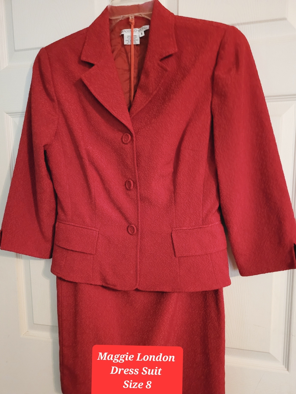 Maggy London Red Tailored Blazer Jacket With Matching Skirt Size 8